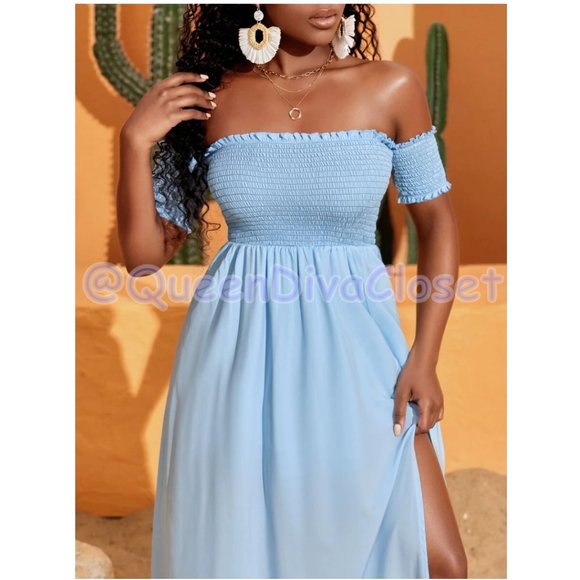 SHEIN Off Shoulder Slit Thigh Ruffle Hem Maxi Dress Light Sky Baby Blue L 8-10 - Picture 4 of 6